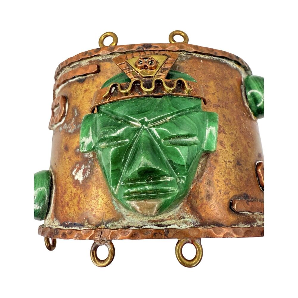Malachite Bracelet Mexico Mayan Mask 7"  Cuff Copper Warrior